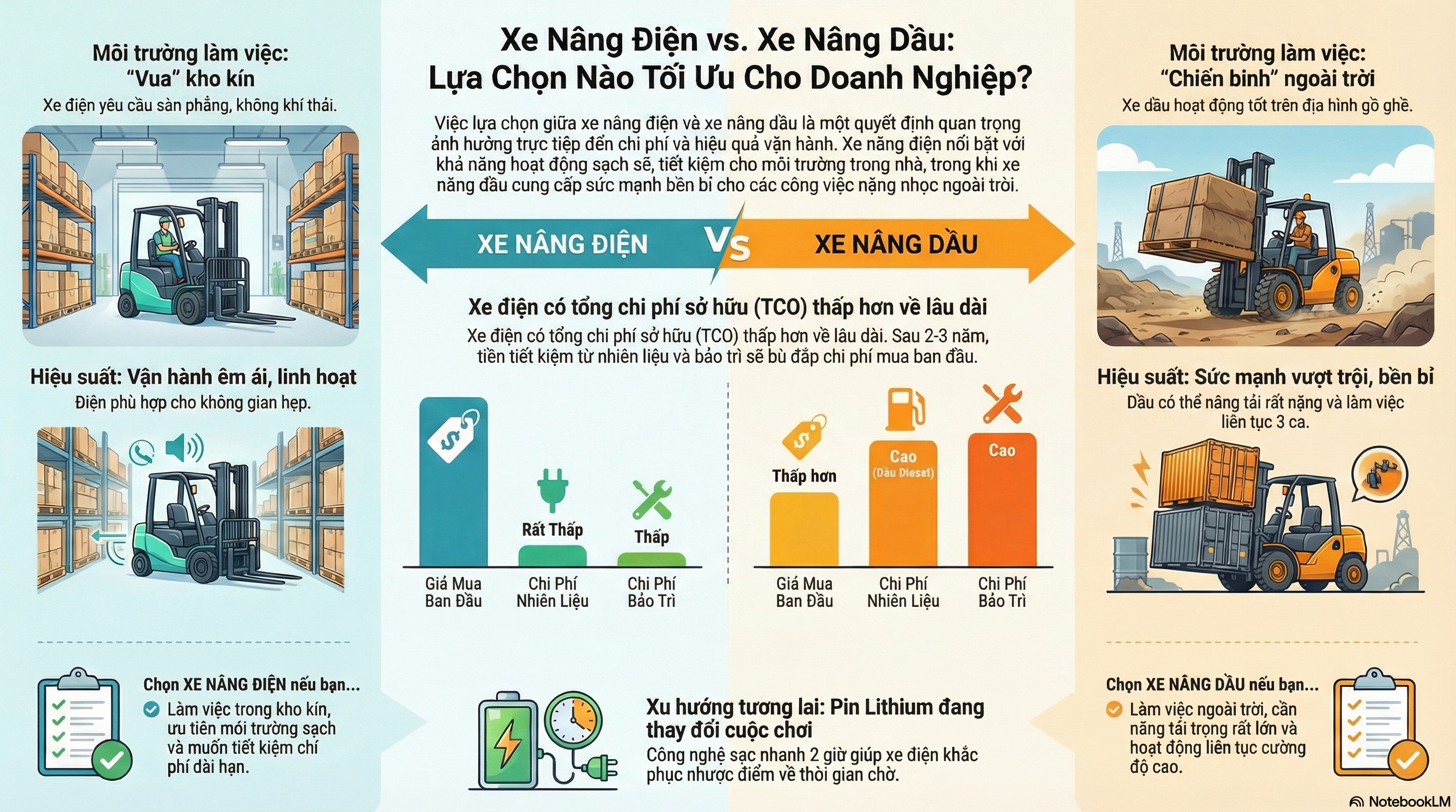 so sánh xe nâng điện và xe nâng dầu chi tiết