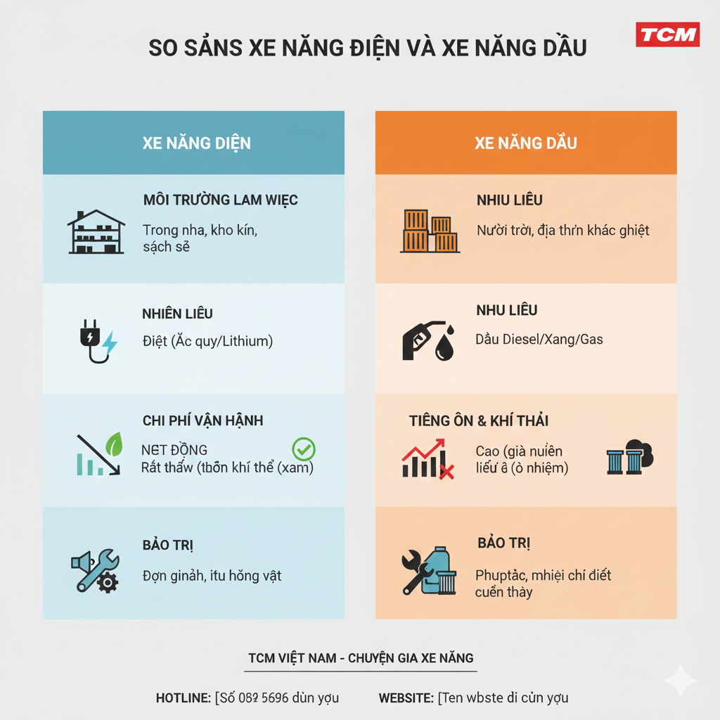 so sánh xe nâng điện và xe nâng dầu